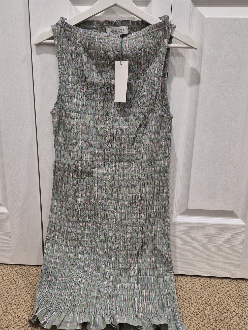 Green Dress Plaid Pattern. Gathered Style  With Hem
